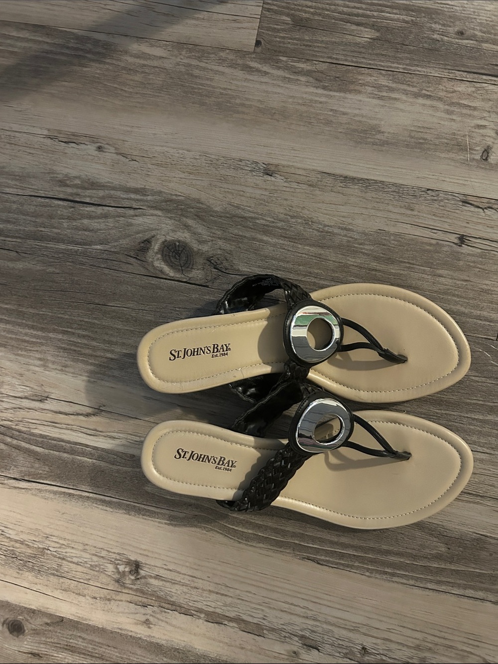 St. John's Bay Black Braided Thong Sandals with Silver Ring Detail